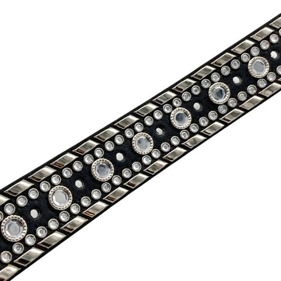Y2K Rhinestone Western Bling Leather Belt Crystal Buckle Tip Black Silver NEW main image 7